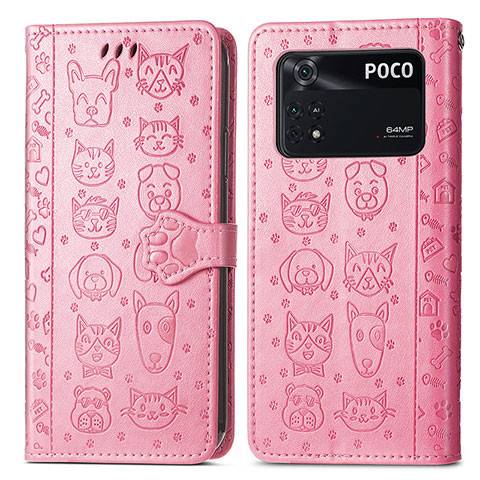 Custodia Portafoglio In Pelle Fantasia Modello Cover con Supporto S03D per Xiaomi Poco M4 Pro 4G Oro Rosa