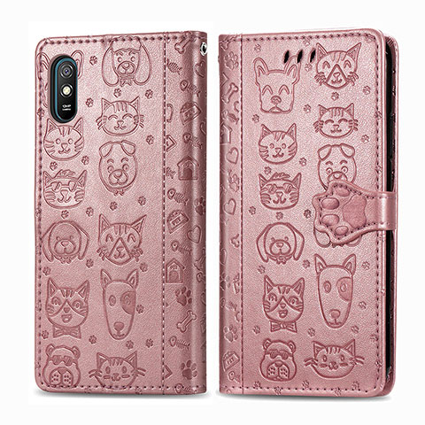 Custodia Portafoglio In Pelle Fantasia Modello Cover con Supporto S03D per Xiaomi Redmi 9AT Oro Rosa