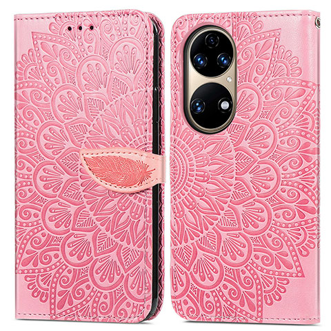 Custodia Portafoglio In Pelle Fantasia Modello Cover con Supporto S04D per Huawei P50 Oro Rosa