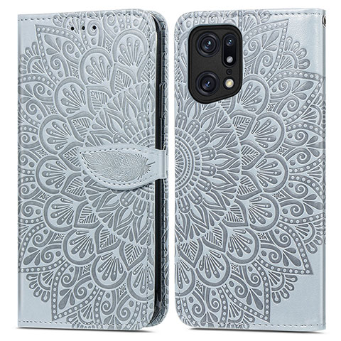 Custodia Portafoglio In Pelle Fantasia Modello Cover con Supporto S04D per Oppo Find X5 Pro 5G Grigio