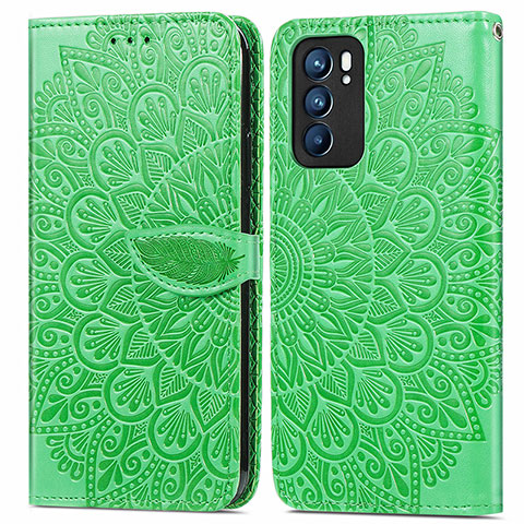 Custodia Portafoglio In Pelle Fantasia Modello Cover con Supporto S04D per Oppo Reno6 5G Verde