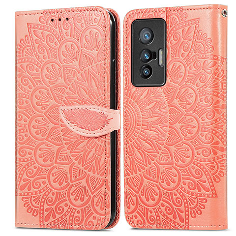 Custodia Portafoglio In Pelle Fantasia Modello Cover con Supporto S04D per Vivo X70 5G Arancione