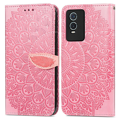 Custodia Portafoglio In Pelle Fantasia Modello Cover con Supporto S04D per Vivo Y76s 5G Oro Rosa