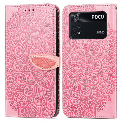 Custodia Portafoglio In Pelle Fantasia Modello Cover con Supporto S04D per Xiaomi Poco M4 Pro 4G Oro Rosa