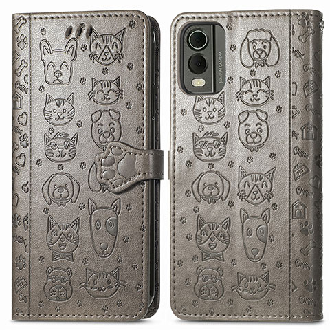 Custodia Portafoglio In Pelle Fantasia Modello Cover con Supporto S05D per Nokia C210 Grigio