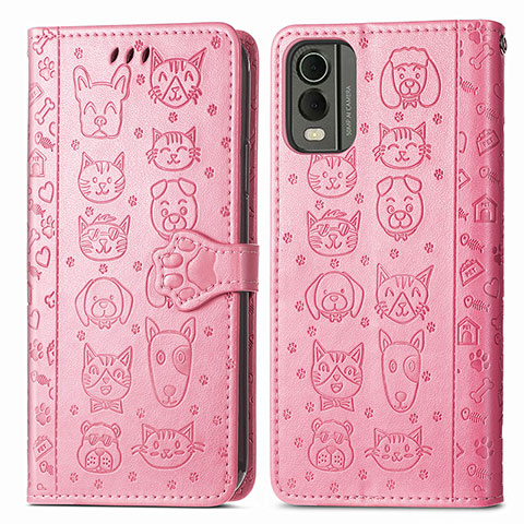 Custodia Portafoglio In Pelle Fantasia Modello Cover con Supporto S05D per Nokia C210 Rosa