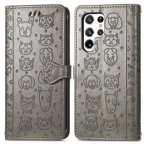 Custodia Portafoglio In Pelle Fantasia Modello Cover con Supporto S05D per Samsung Galaxy S22 Ultra 5G Grigio