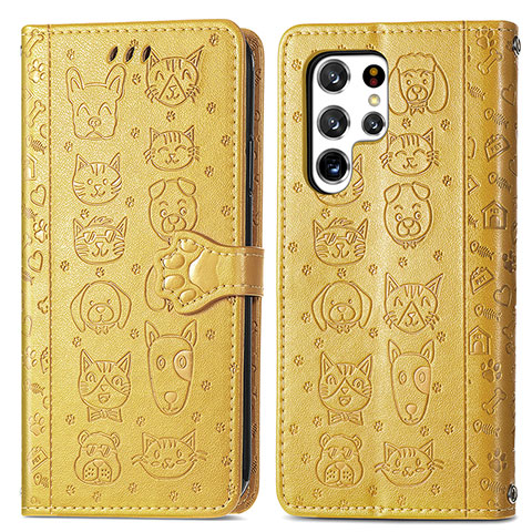 Custodia Portafoglio In Pelle Fantasia Modello Cover con Supporto S05D per Samsung Galaxy S23 Ultra 5G Giallo