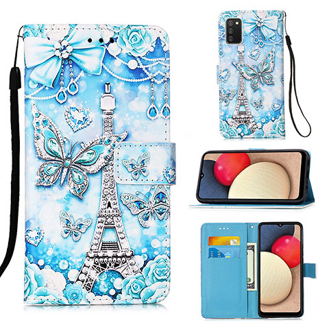 Custodia Portafoglio In Pelle Fantasia Modello Cover con Supporto Y02B per Samsung Galaxy A02s Azzurro