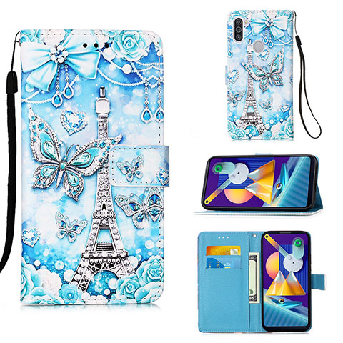 Custodia Portafoglio In Pelle Fantasia Modello Cover con Supporto Y02B per Samsung Galaxy A11 Azzurro