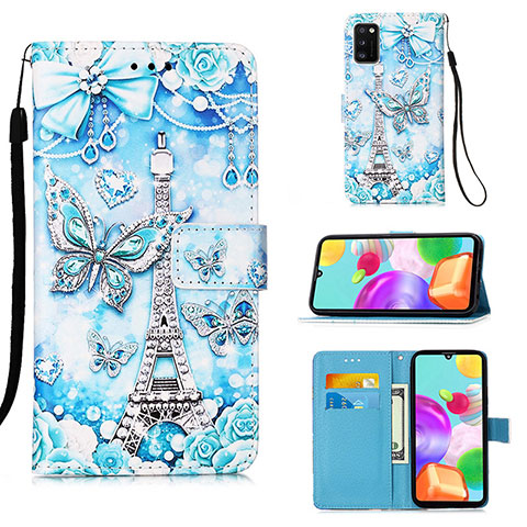 Custodia Portafoglio In Pelle Fantasia Modello Cover con Supporto Y02B per Samsung Galaxy A41 Azzurro