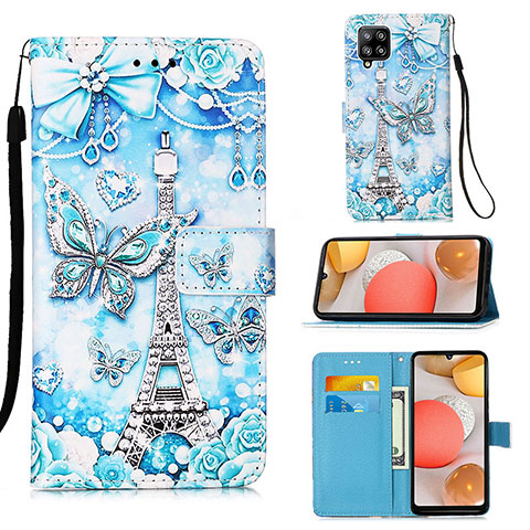 Custodia Portafoglio In Pelle Fantasia Modello Cover con Supporto Y02B per Samsung Galaxy A42 5G Azzurro