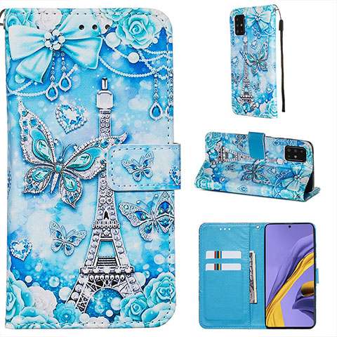 Custodia Portafoglio In Pelle Fantasia Modello Cover con Supporto Y02B per Samsung Galaxy A51 5G Azzurro