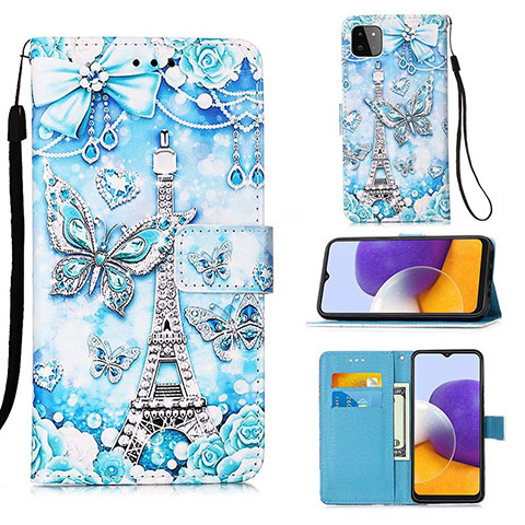 Custodia Portafoglio In Pelle Fantasia Modello Cover con Supporto Y02B per Samsung Galaxy F42 5G Azzurro