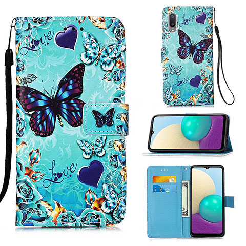 Custodia Portafoglio In Pelle Fantasia Modello Cover con Supporto Y02B per Samsung Galaxy M02 Cielo Blu