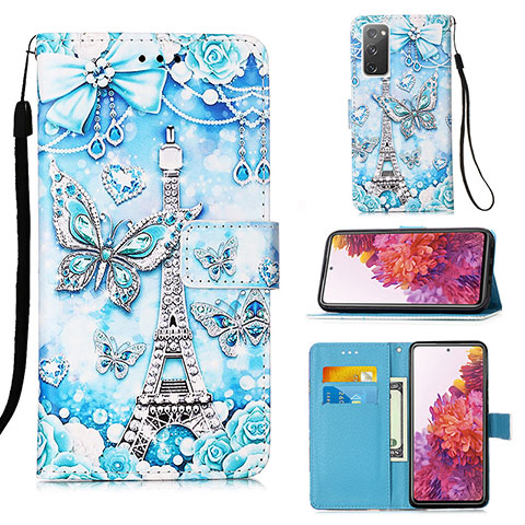 Custodia Portafoglio In Pelle Fantasia Modello Cover con Supporto Y02B per Samsung Galaxy S20 FE 4G Azzurro