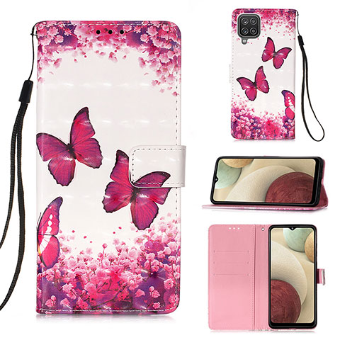 Custodia Portafoglio In Pelle Fantasia Modello Cover con Supporto Y03B per Samsung Galaxy A12 Rosa Caldo