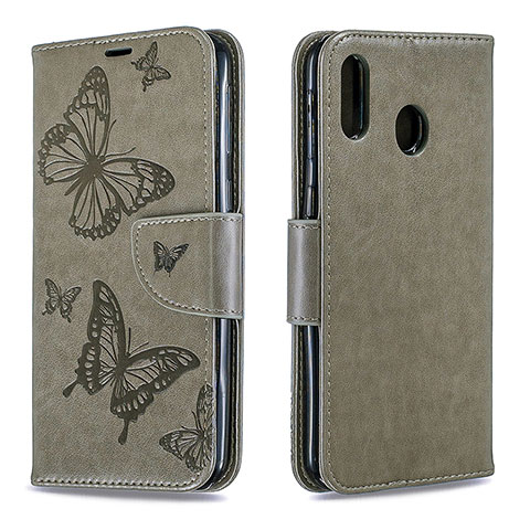 Custodia Portafoglio In Pelle Farfalla Cover con Supporto B01F per Samsung Galaxy M20 Grigio