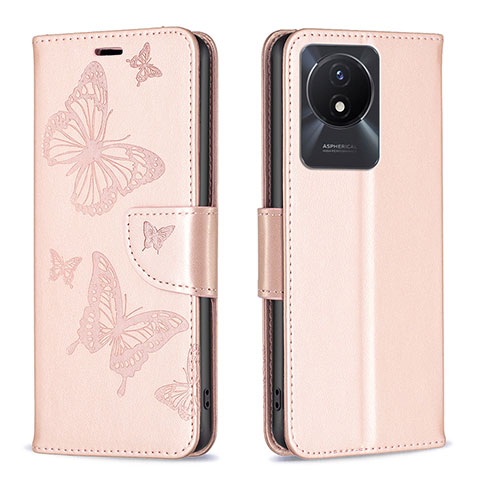 Custodia Portafoglio In Pelle Farfalla Cover con Supporto B01F per Vivo Y02A Oro Rosa