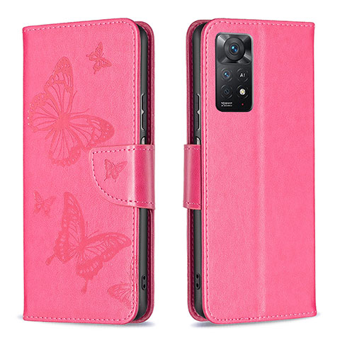 Custodia Portafoglio In Pelle Farfalla Cover con Supporto B01F per Xiaomi Redmi Note 11 Pro 4G Rosa Caldo