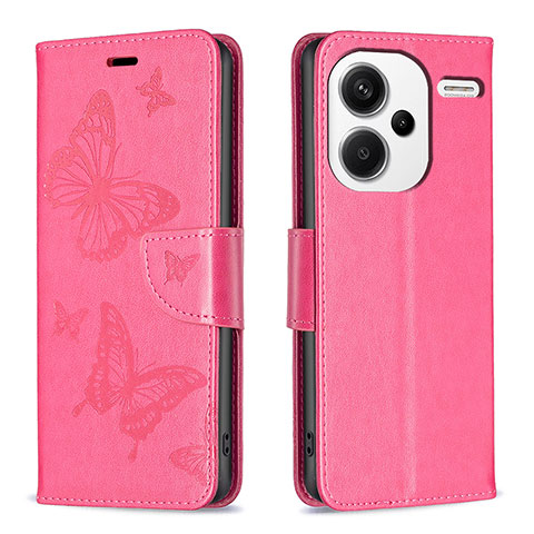 Custodia Portafoglio In Pelle Farfalla Cover con Supporto B01F per Xiaomi Redmi Note 13 Pro+ Plus 5G Rosa Caldo