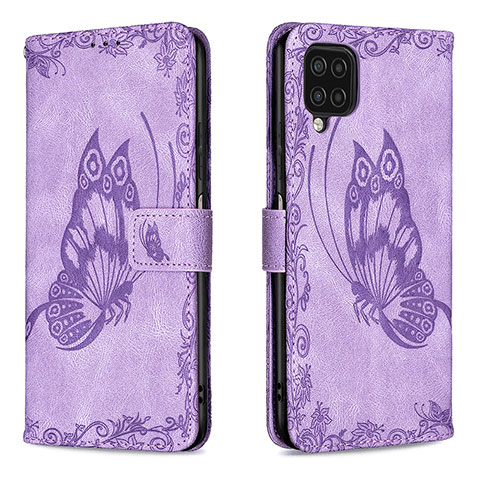 Custodia Portafoglio In Pelle Farfalla Cover con Supporto B02F per Samsung Galaxy A12 Lavanda