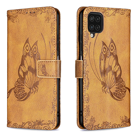 Custodia Portafoglio In Pelle Farfalla Cover con Supporto B02F per Samsung Galaxy A12 Marrone