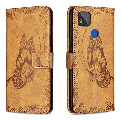 Custodia Portafoglio In Pelle Farfalla Cover con Supporto B02F per Xiaomi Redmi 9 India Marrone