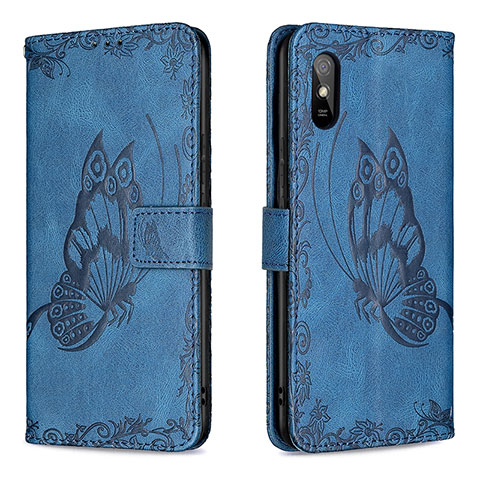 Custodia Portafoglio In Pelle Farfalla Cover con Supporto B02F per Xiaomi Redmi 9A Blu