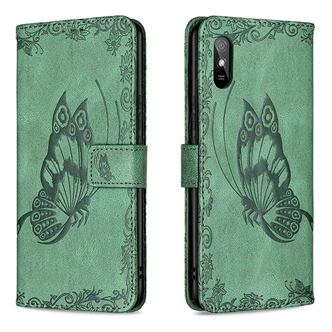 Custodia Portafoglio In Pelle Farfalla Cover con Supporto B02F per Xiaomi Redmi 9A Verde