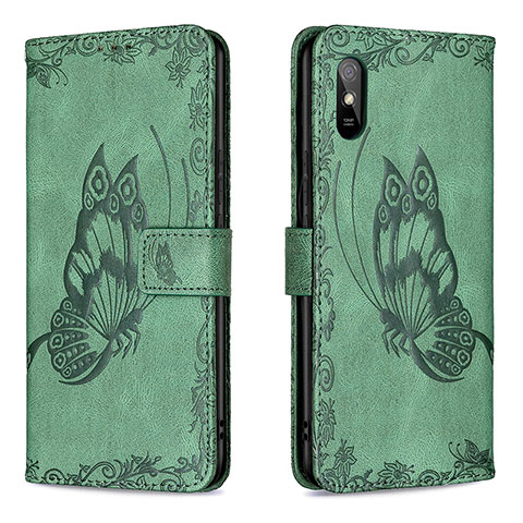 Custodia Portafoglio In Pelle Farfalla Cover con Supporto B02F per Xiaomi Redmi 9i Verde