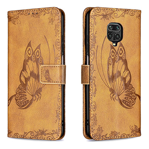 Custodia Portafoglio In Pelle Farfalla Cover con Supporto B02F per Xiaomi Redmi Note 9S Marrone