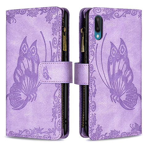 Custodia Portafoglio In Pelle Farfalla Cover con Supporto B03F per Samsung Galaxy A02 Lavanda