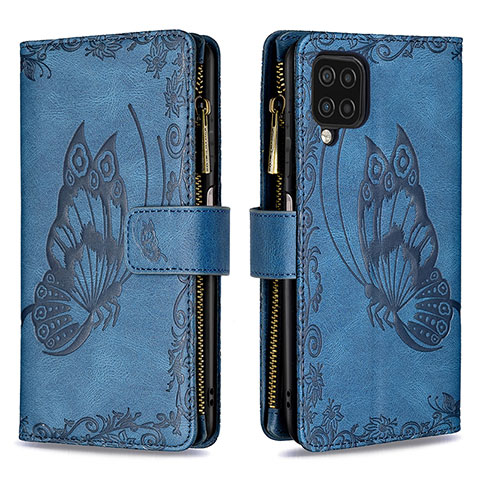 Custodia Portafoglio In Pelle Farfalla Cover con Supporto B03F per Samsung Galaxy A12 Blu