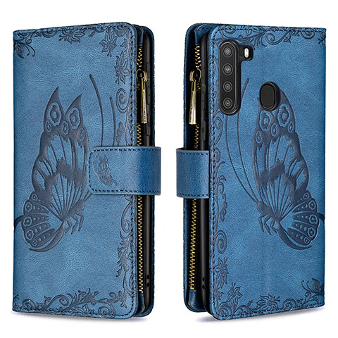 Custodia Portafoglio In Pelle Farfalla Cover con Supporto B03F per Samsung Galaxy A21 Blu