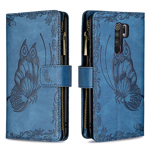 Custodia Portafoglio In Pelle Farfalla Cover con Supporto B03F per Xiaomi Redmi 9 Blu