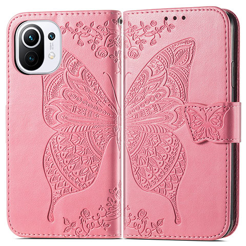 Custodia Portafoglio In Pelle Farfalla Cover con Supporto L02 per Xiaomi Mi 11 Lite 4G Rosa Caldo