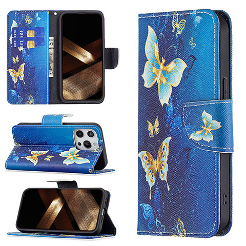 Custodia Portafoglio In Pelle Farfalla Cover con Supporto L07 per Apple iPhone 14 Pro Blu