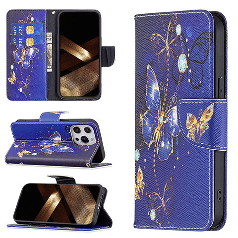 Custodia Portafoglio In Pelle Farfalla Cover con Supporto L07 per Apple iPhone 15 Pro Blu Notte