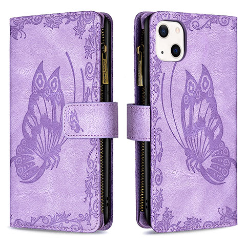 Custodia Portafoglio In Pelle Farfalla Cover con Supporto L08 per Apple iPhone 13 Mini Viola