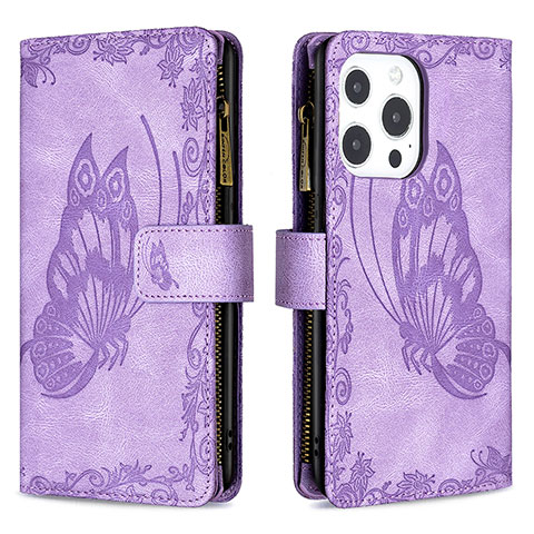 Custodia Portafoglio In Pelle Farfalla Cover con Supporto L08 per Apple iPhone 13 Pro Max Viola