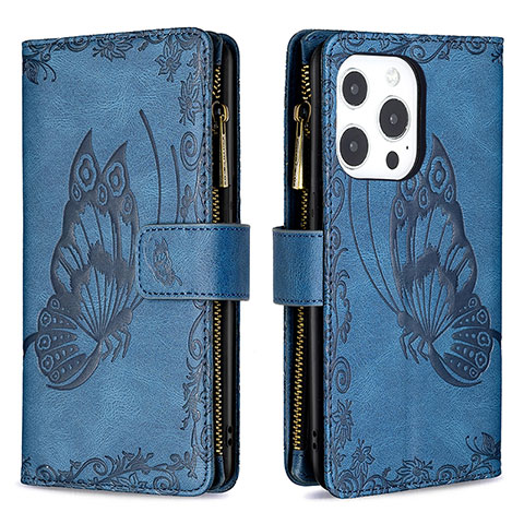 Custodia Portafoglio In Pelle Farfalla Cover con Supporto L08 per Apple iPhone 14 Pro Max Blu