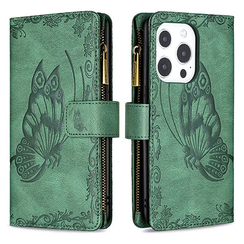 Custodia Portafoglio In Pelle Farfalla Cover con Supporto L08 per Apple iPhone 15 Pro Verde