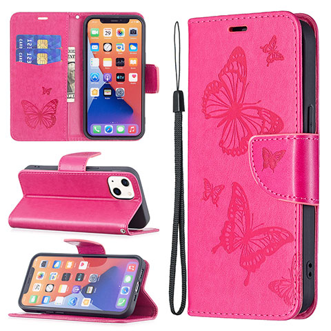 Custodia Portafoglio In Pelle Farfalla Cover con Supporto L09 per Apple iPhone 13 Rosa Caldo