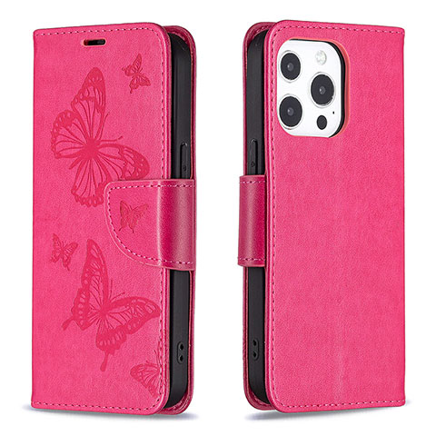 Custodia Portafoglio In Pelle Farfalla Cover con Supporto L09 per Apple iPhone 15 Pro Max Rosa Caldo