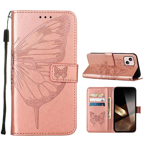 Custodia Portafoglio In Pelle Farfalla Cover con Supporto L10 per Apple iPhone 15 Oro Rosa