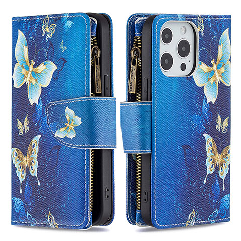 Custodia Portafoglio In Pelle Farfalla Cover con Supporto per Apple iPhone 15 Pro Blu