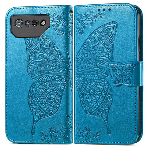 Custodia Portafoglio In Pelle Farfalla Cover con Supporto per Asus ROG Phone 7 Blu