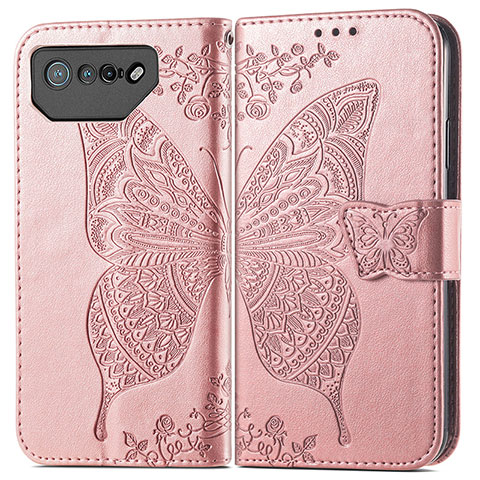 Custodia Portafoglio In Pelle Farfalla Cover con Supporto per Asus ROG Phone 7 Oro Rosa