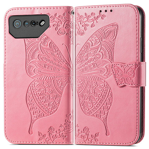 Custodia Portafoglio In Pelle Farfalla Cover con Supporto per Asus ROG Phone 7 Rosa Caldo